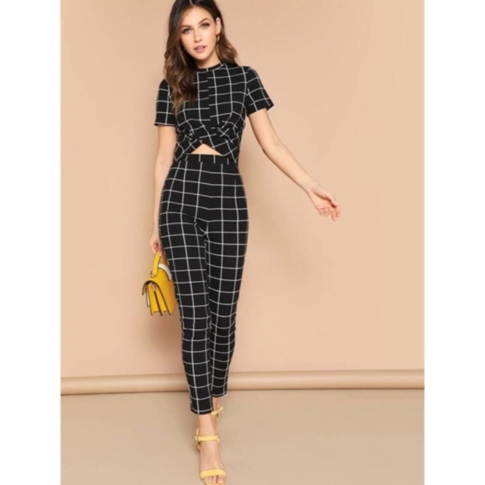 SHEIN Black & White Window Pane Grid Legging Pants - Picture 1 of 8